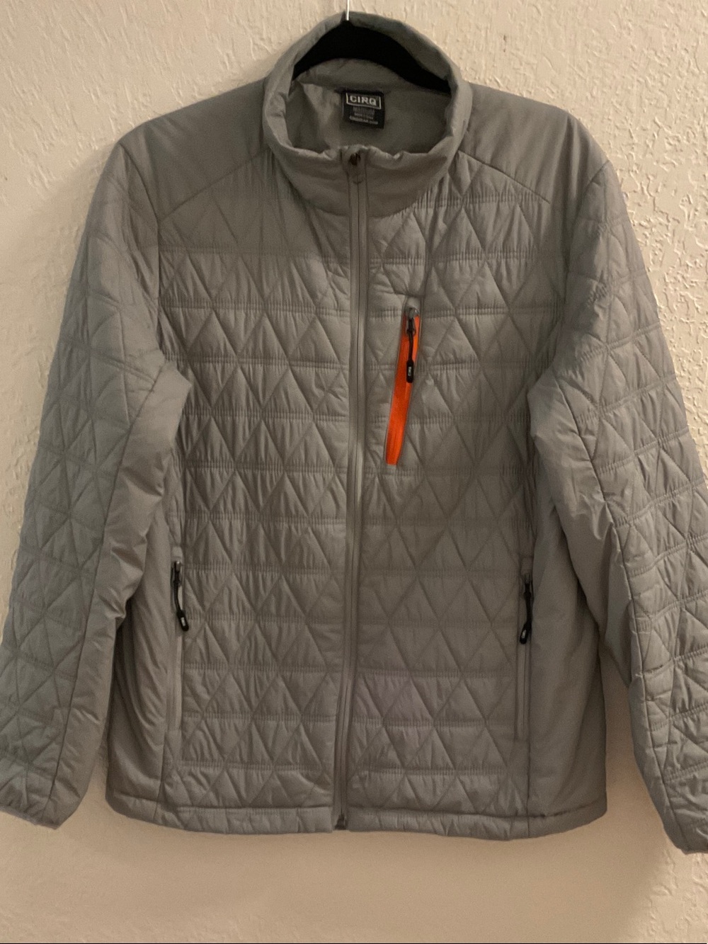 Men’s Light Gray Quilted Puffer Jacket with Orange Zip Accent